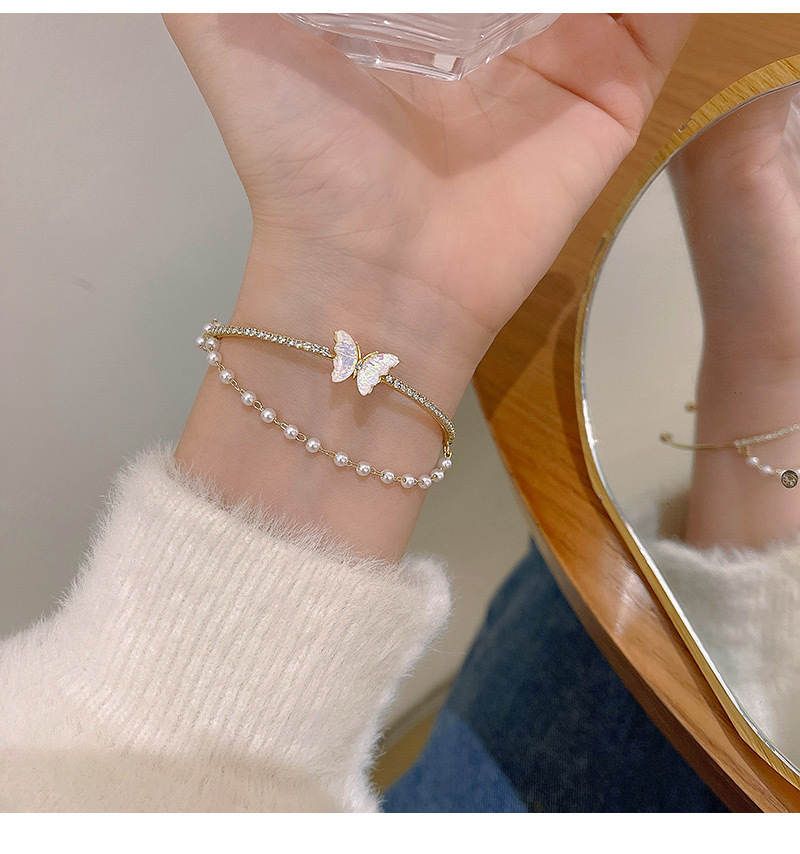 Elegant Butterfly Copper Plating Artificial Pearls Zircon Bangle