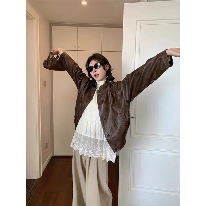 棕色皮衣外套女小个子短款早春2025新款高级感复古pu皮夹克春秋款|undefined
