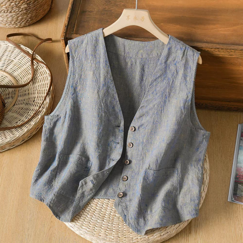 2025 Summer New Artistic Loose Yarn-dyed V-neck Vest Vest Women's Jacket Vest Versatile Top