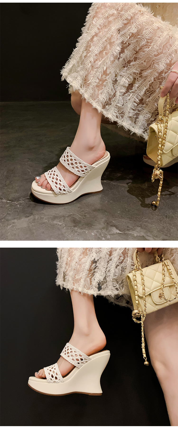 Dép lê đan phong cách Chanel đế xuồng cao gót 10cm cho nữ mùa hè — Màu đen, Màu trắng chi tiết 14