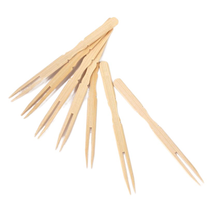 Fábrica al por mayor palo de fruta postre pastel tenedor 9cm bambú desechable Tenedor de fruta