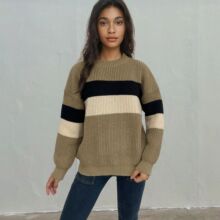 速卖通女式针织衫秋冬圆领套头夹色毛衣欧美宽松大码针织毛衣外套
