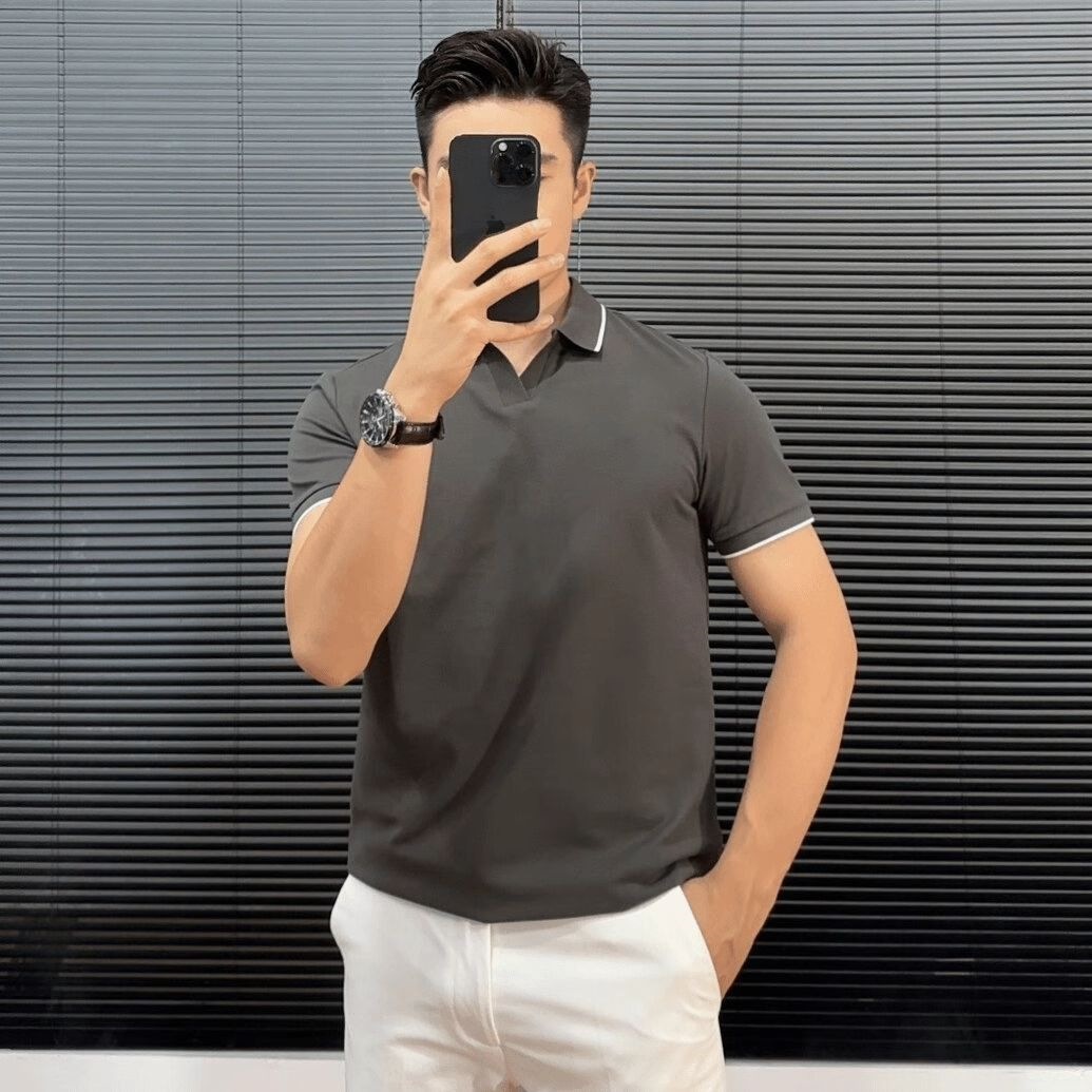 Áo polo nam phối màu cổ V tay ngắn mùa hè form slimfit — màu đen, Sương mù xanh, màu trắng chi tiết 4
