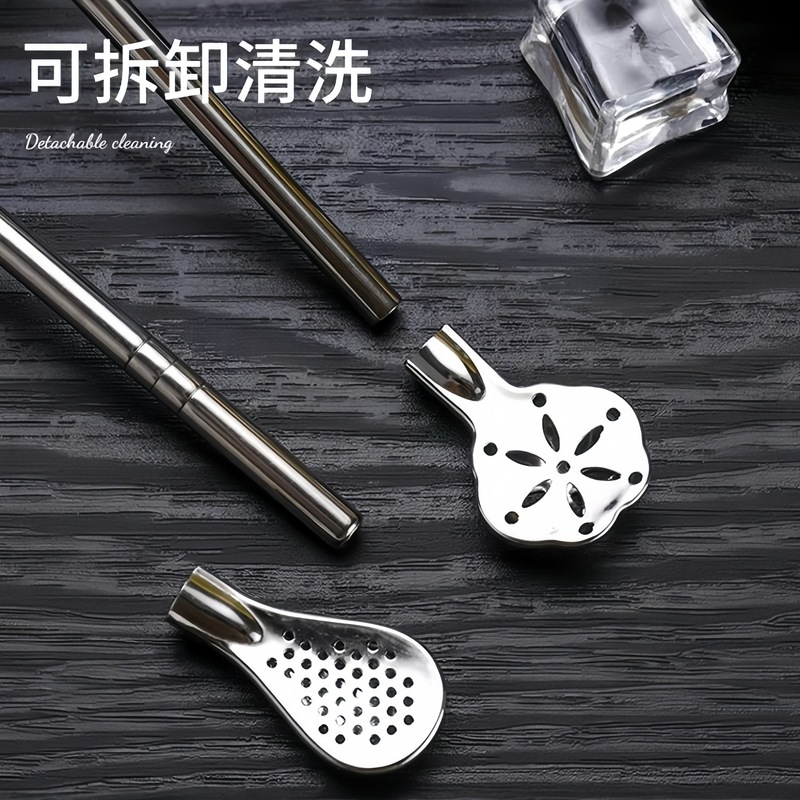 304不锈钢加长吸管勺子奶茶搅拌过滤一体两用环保粗金属非一次性|undefined