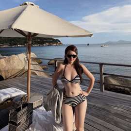 美式复古风辣妹风条纹女比基尼性感低腰抽绳系带辣妹女式游泳衣