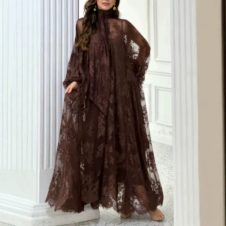 Elegant Deep Brown Maxi Dress With Lace Panels And Defined Waist | Flowy A-Line Skirt For Special Occasions_ecoleips.com