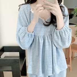 韩国ins女士春秋韩系条纹毛巾布绒针织套装蝴蝶结花边睡衣家居服