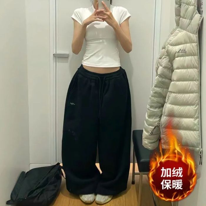 跨境2025秋冬款网红复古慵懒风阔腿宽松休闲拖地卫裤百搭运动长裤