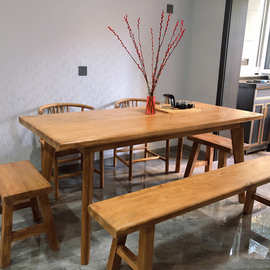 老榆木餐桌现代简约长方形书桌写字台全实木复古吧台桌原木长桌