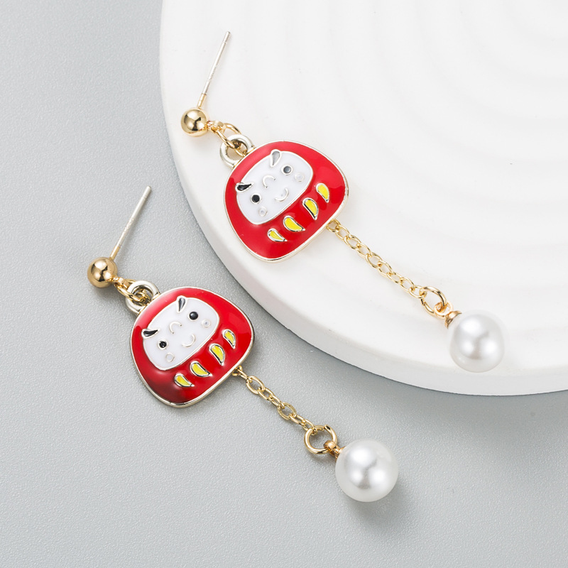 Creative New Year Red Koi Alloy Oil Drop Pearl Asymmetric Earrings display picture 4