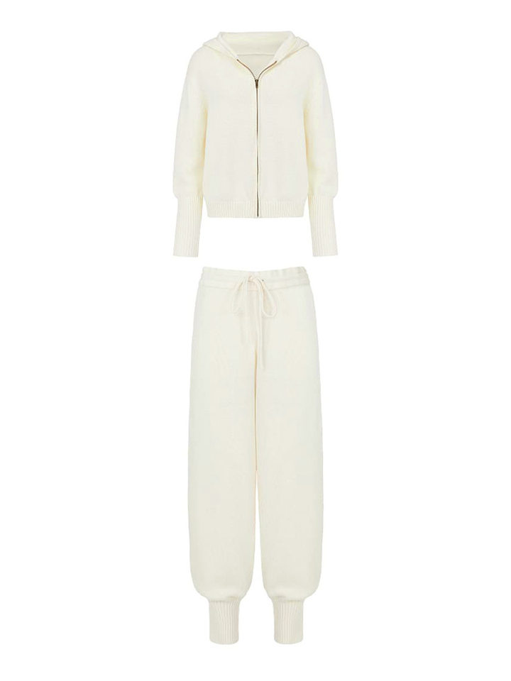 Bộ áo cardigan dệt kim có mũ khóa kéo dáng rộng kèm quần ống ôm cotton — Màu cà phê, Màu trắng, Màu xanh dương, Xanh lá cây chi tiết 45