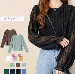 Cross-border Export Quality Japanese and Korean Style Loose Sweet Crewneck Petals Long Sleeve Pressing Folded Chiffon Shirt Top for Women