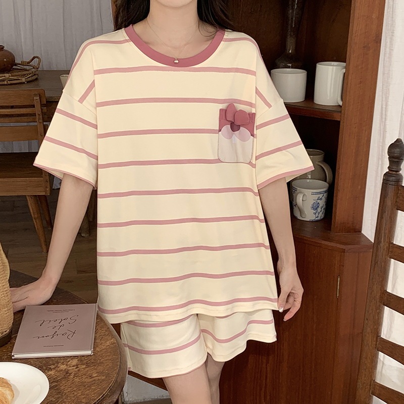 胸パッド付き女性用夏用パジャマ、半袖ショーツ、ホームウェアセット、ブラジャーなし、甘くてかわいい、自宅で着用可能|undefined