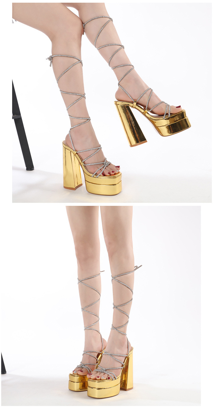 Dép sandal cao gót La Mã đính đá Rhinestone, quai dây buộc cỡ lớn — Màu đen chi tiết 8