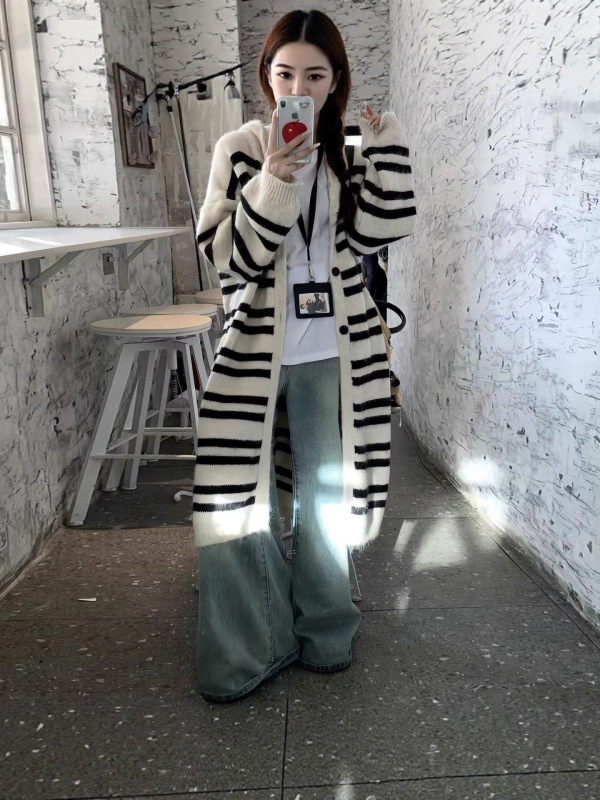 韩系条纹中长款毛衣开衫外套女秋冬季连帽慵懒风小众针织衫上衣|undefined