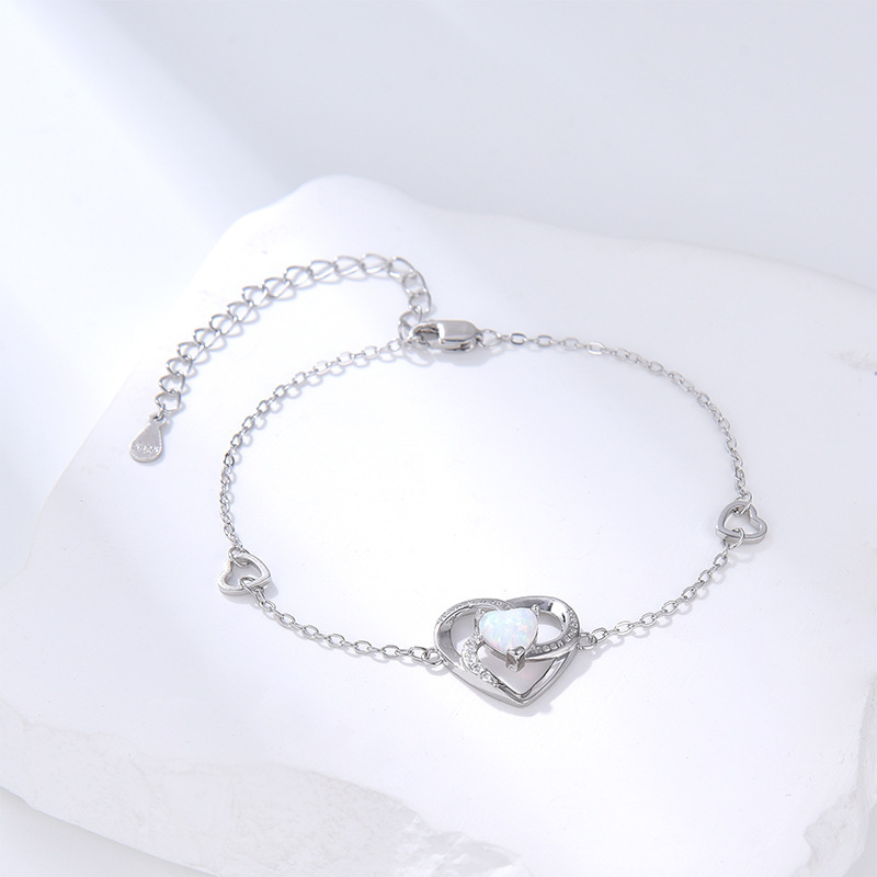 S925 Sterling Silver Opal Heart-Shaped Australian Opal Bracelet for Women, Niche Light Luxury High-End Opal Jewelry, Mother's Day Gift