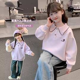 女童Polo领卡通百搭卫衣中大童春季新款洋气韩版宽松娃娃领套头衫