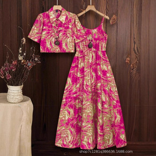 Amazon Tiktok Pinduoduo Foreign Trade Cross-Border European and American Plus Size Women's New Suspender Printed Dress Suit