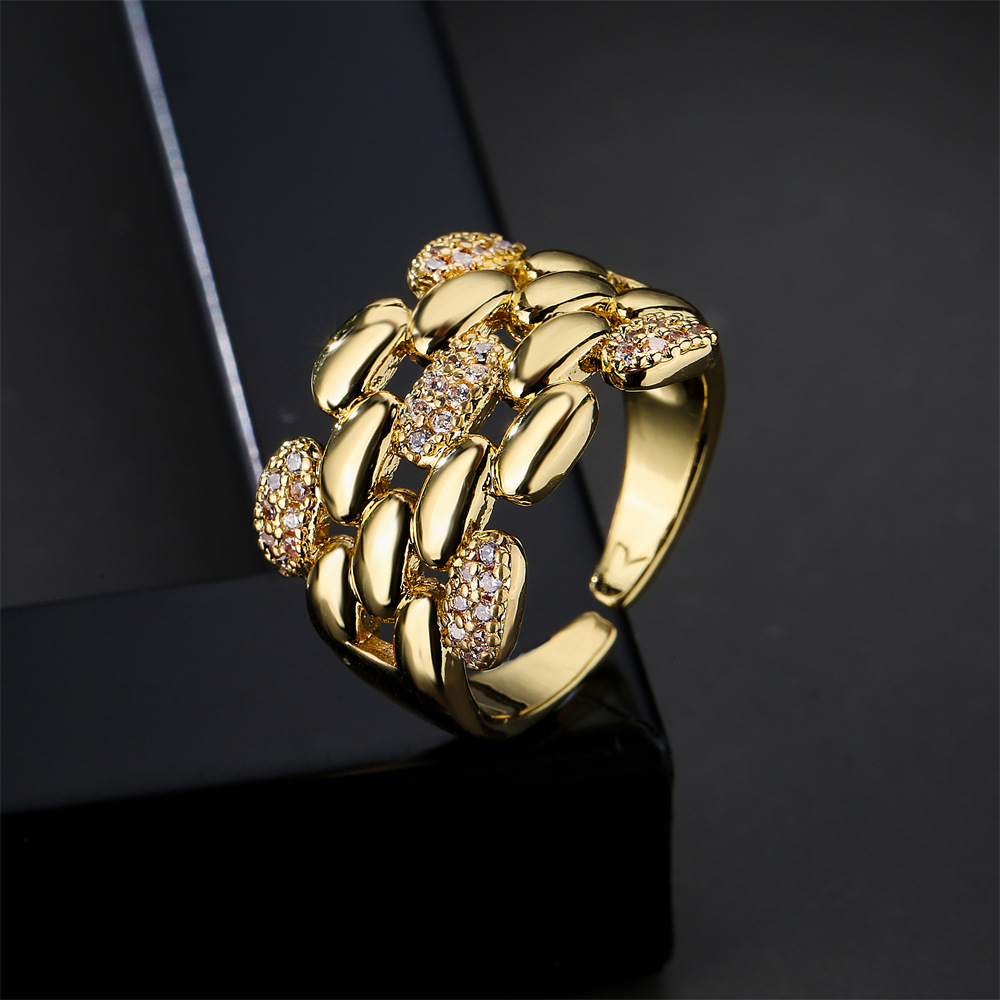 Fashion geometric micro-set zircon geometric open copper ring