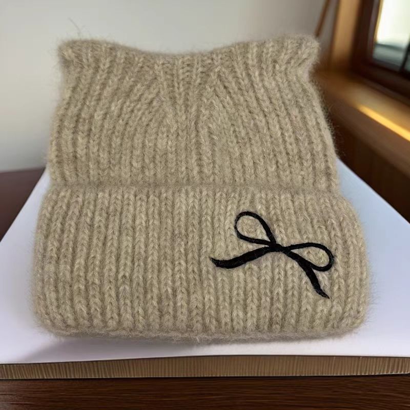 帽子女性のかわいい猫耳秋と冬の新しいニット帽子冬暖かい刺繍顔小さな防寒帽子ウール帽子|undefined