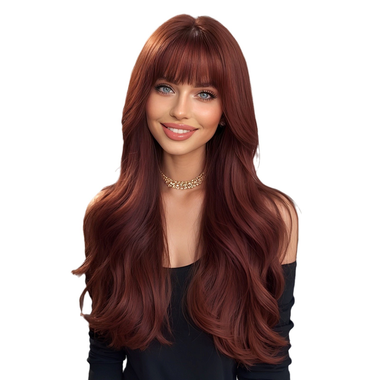 2024 nuevo estilo flequillo rojo vino rojo onda grande Pelo Rizado largo alta temperatura seda europea y americana peluca femenina cabeza completa cubierta