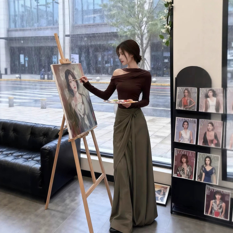 2026 Korean Style Spring and Autumn Outfit with Ribbon Off-Shoulder Top and Wide-Leg Pants Skirt, Beautiful and Stylish Set for Women 2026 Korean Style Spring and Autumn Outfit with Ribbon Off-Shoulder Top and Wide-Leg Pants Skirt, Beautiful and Stylish Set for Women