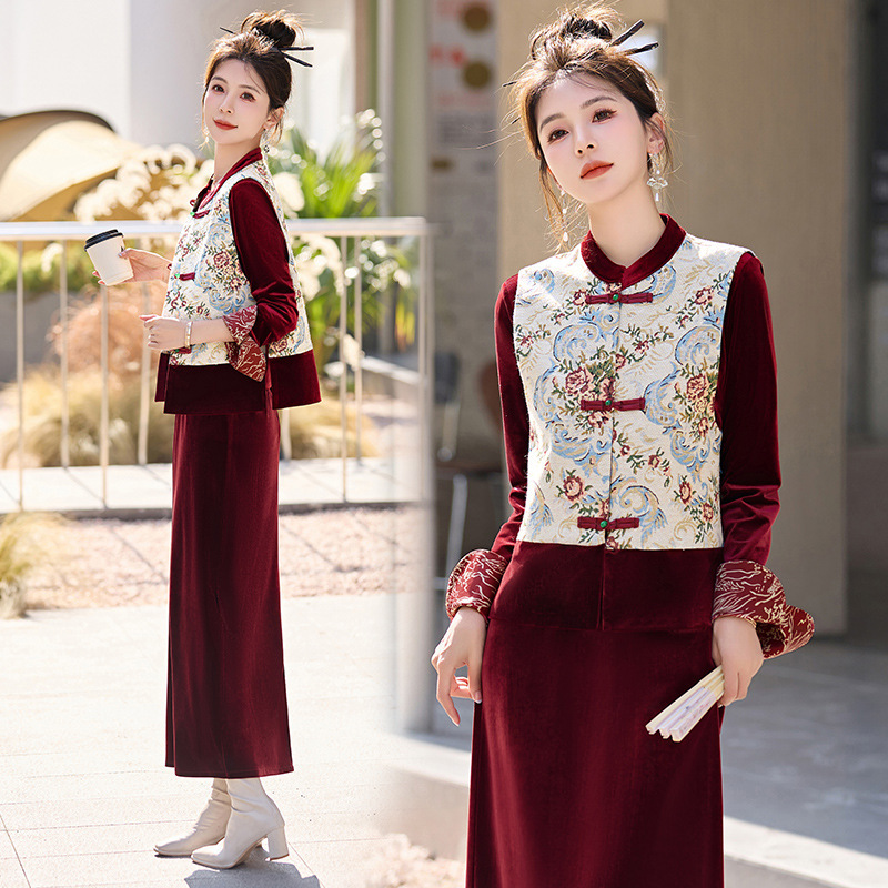 Velvet Chinese-Style Printed Three-Piece Set 2026 Women's New Spring New Chinese-Style Ladylike Wedding Banquet Outfit Dress Set