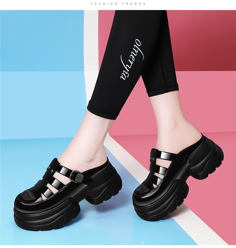 Dép sandal nữ quai chữ V đế xuồng dày 5 cm, phong cách La Mã, mũi kín, kiểu lười khoét lỗ — JST 7131 màu đen, JST 7131m màu chi tiết 7