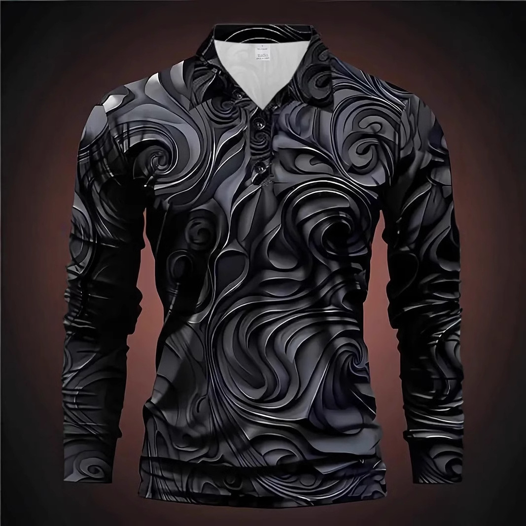 Camisa POLO transpirable con cuello con botones de manga larga suelta de negocios para hombres con estampado tridimensional tallado en metal de alta calle