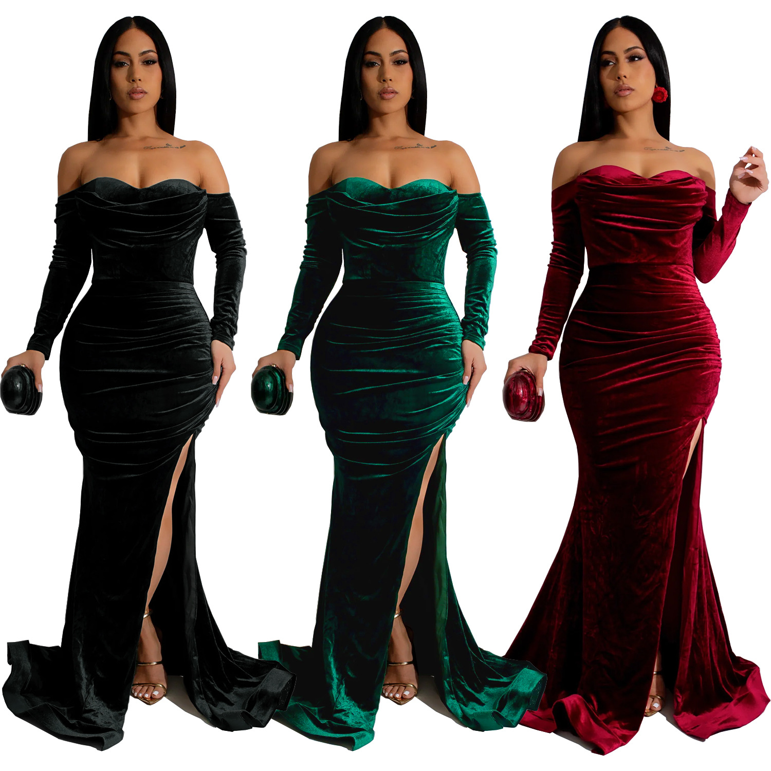 C7157 Aliexpress transfronterizo Amazon Europa y América ropa de moda de mujer de color sólido vestido de noche bifurcado vestido de pecho bajo nuevo image 6