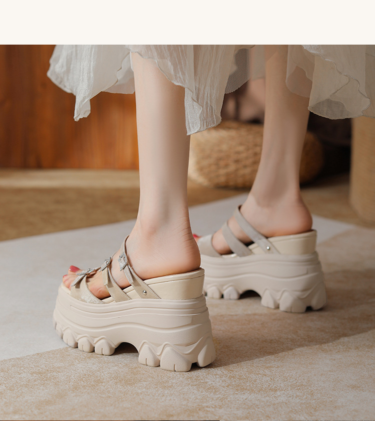 Sandal cao gót nữ đế xuồng 12cm da bò nguyên chất quai ngang — Màu đen, Màu trắng be, Màu hạnh nhân đậm chi tiết 16