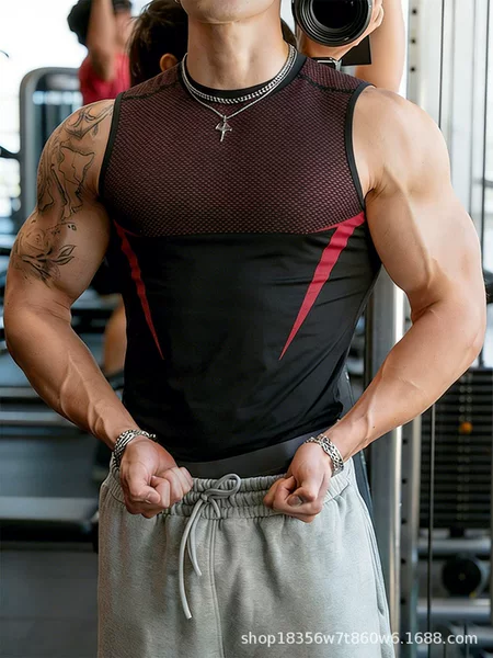 American-style fitness tank top for men, quick-drying sleeveless T-shirt, muscle training athletic compression shirt, breathable and elastic vest for summer