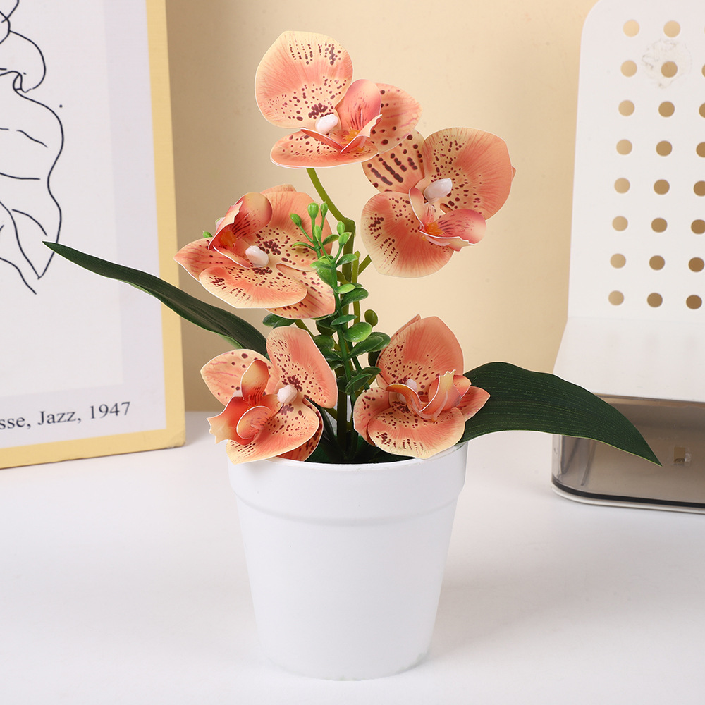 Doble rama 5 flores mariposa orquídea simulación en maceta decoración de oficina pequeña plantación en maceta disparar flores de simulación de bonsai verde