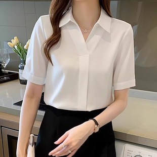 Fat mm Shirt Top Women's Short-Sleeved Summer New Loose Elegant Collar White Professional Shirt Design