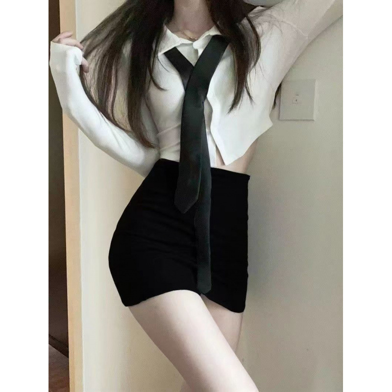 가을 세트 순수한 소원 허리 흰색 셔츠 여성용 슬림 슬리밍 스파이스 소녀 탑 긴팔 셔츠 반 엉덩이 스커트