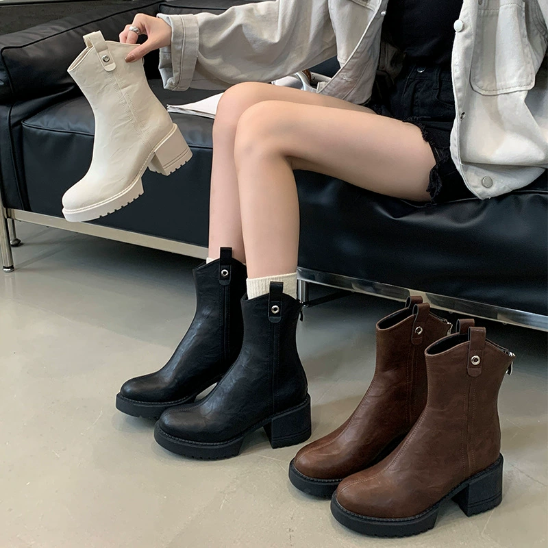 Mi Ting Martin сапоги женщины осень и зима 2024 новая мода круглые сапоги короткие сапоги женские ретро толстые каблуки женские сапоги на молнии