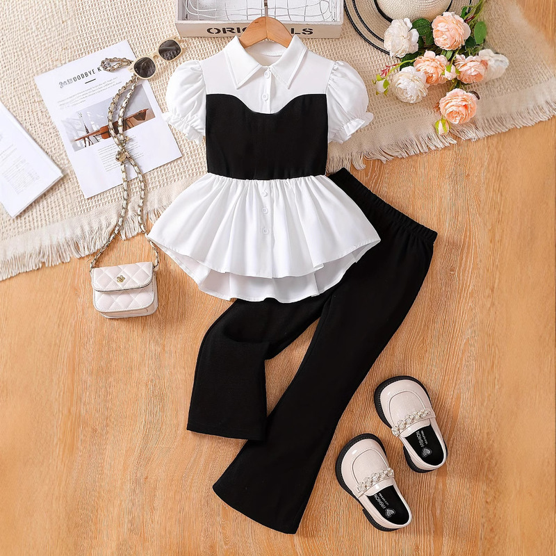 Foreign Trade Summer Girls suit Shirt Waist Vest Stitching Lace Hem Fake Two-piece Children's Trousers Two-piece Set