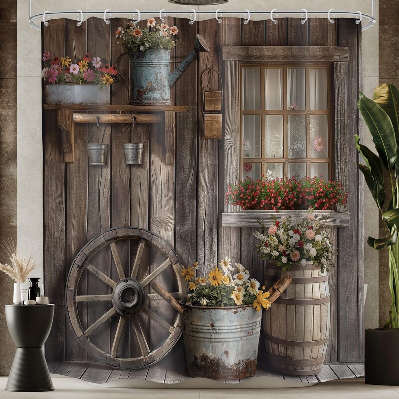 Bathroom Shower Curtain, Western Country Style Barn Door Polyester Thickened Shower Curtain with Digital Printing Bathroom Shower Curtain, Western Country Style Barn Door Polyester Thickened Shower Curtain with Digital Printing