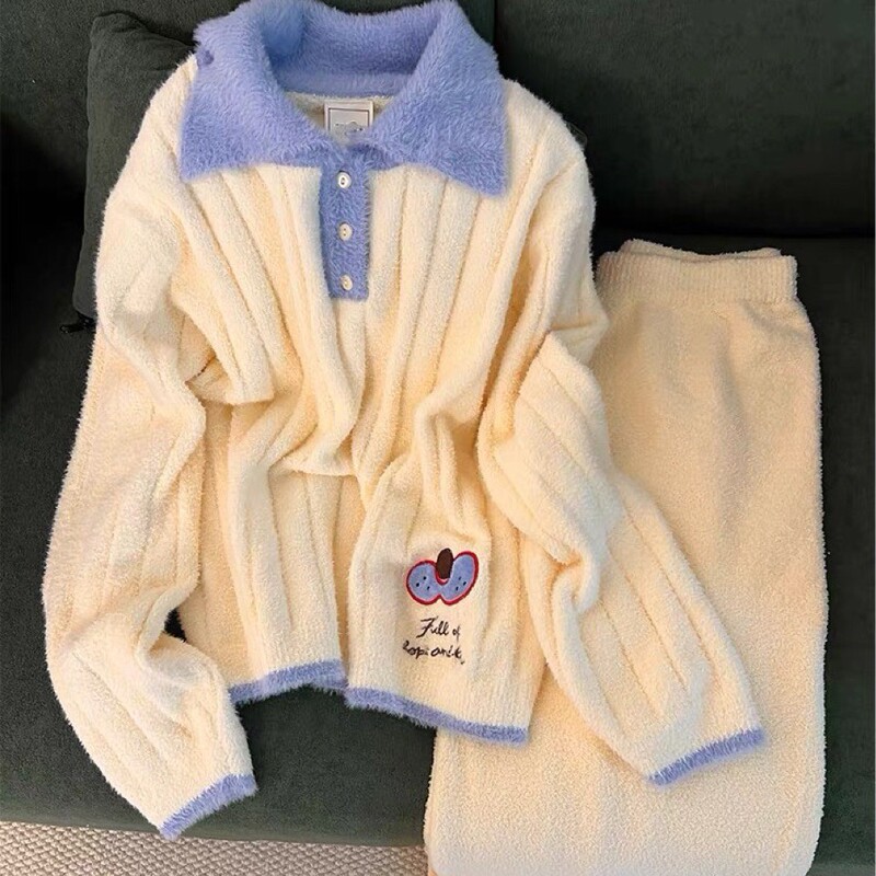 y新款日系简约半边绒睡衣女冬款加绒加厚保暖家居服套装可外穿|undefined