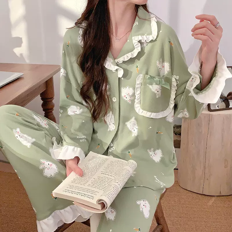 睡衣女秋冬季开衫翻领长袖青年女士宽松卡通可爱家居服可外穿套装