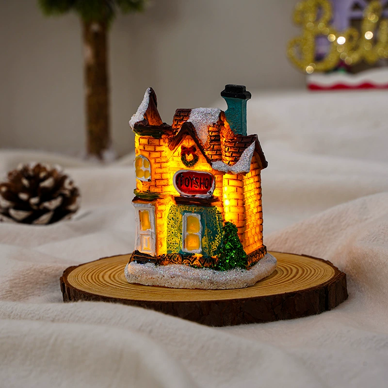 Miniature resin house decorations, micro landscape LED models, battery‑powered, assorted sizes 7–10 cm