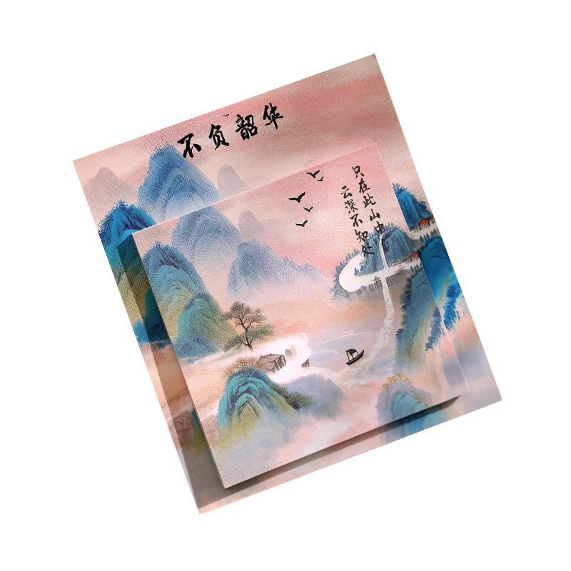 Guofeng Mensaje de texto inspirador Post-it Pintura de paisaje Papel de material de cuenta manual Estudiante de pegajosidad fuerte N notas adhesivas