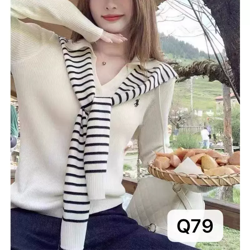 翻领小马标刺绣修身显瘦长袖针织衫搭条纹披肩两件套毛衣毛织衫