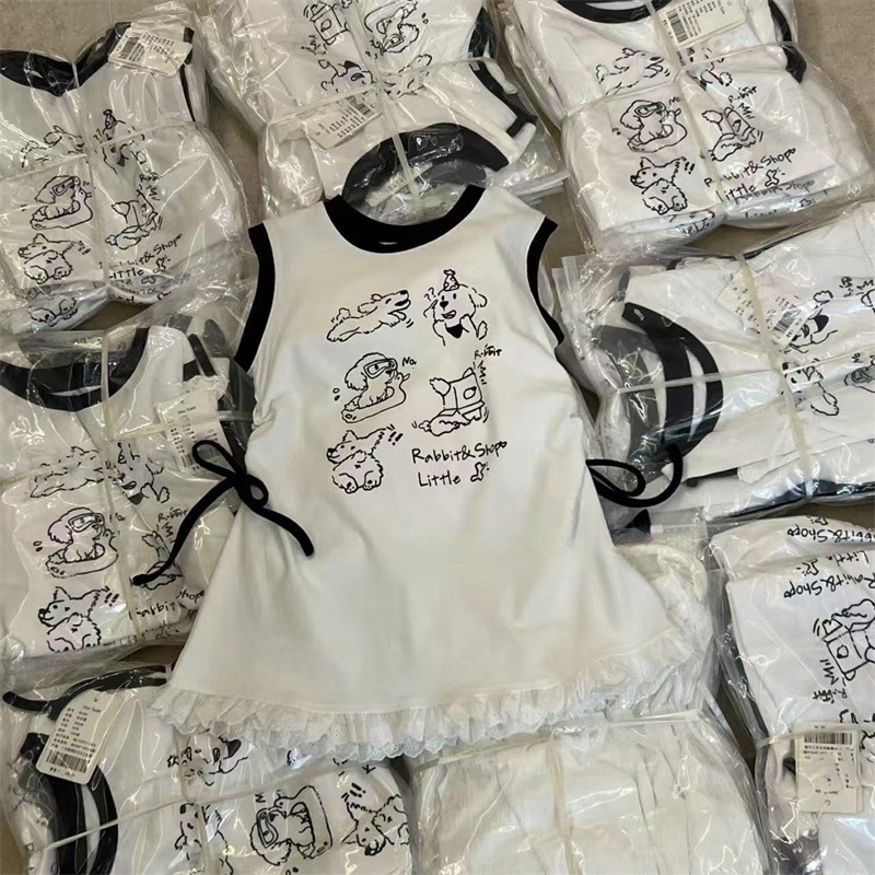 Falda de chaleco de bebé para niños coreanos, falda de chaleco con estampado de cachorro lindo para niños, vestido de niña con borde de encaje dulce