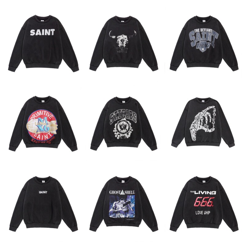 American Style Trendy Saint Retro Washed Distressed Loose Round Neck Terry & Fleece Sweatshirt