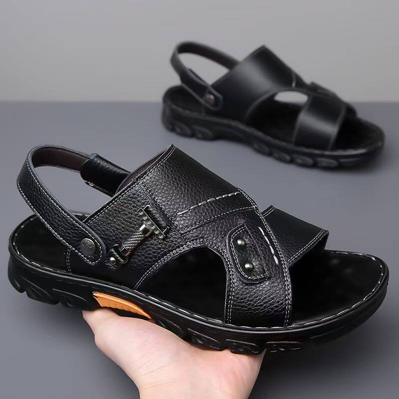 Dép sandal nam da bò thật quai ngang hở mũi, đế mềm chống trượt, đi biển và đi ngoài trời — GX màu nâu 23088, GX đen 23088