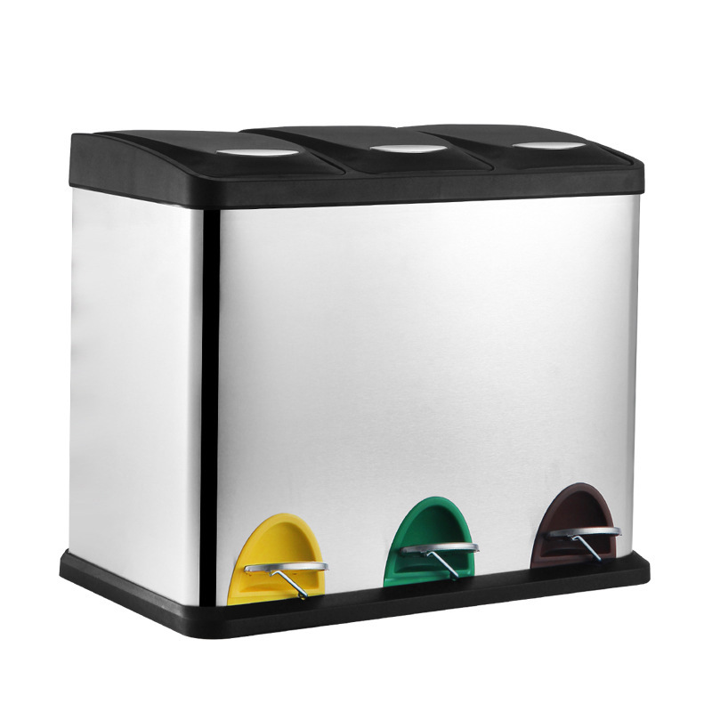 Cubo de basura silencioso con pedal para uso doméstico y comercial, con dos o tres compartimentos para la clasificación de residuos, adecuado para el hogar y la oficina, con pedal de descenso lento para la clasificación de residuos de forma ecológica.