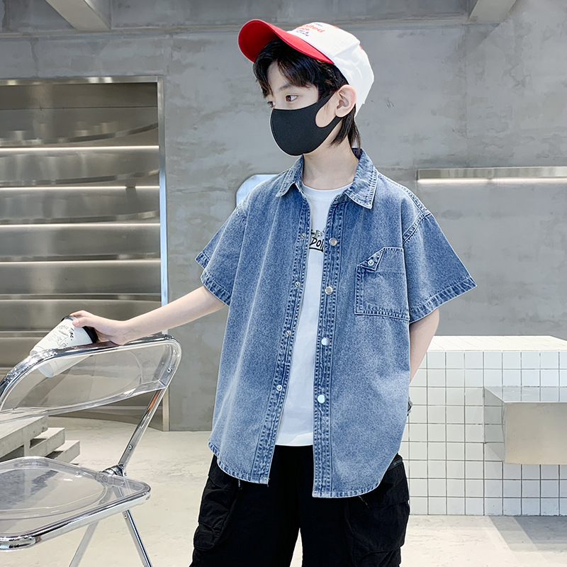 童装夏装新款男童短袖牛仔衬衫2023韩版儿童洋气男孩衬衣一件代发