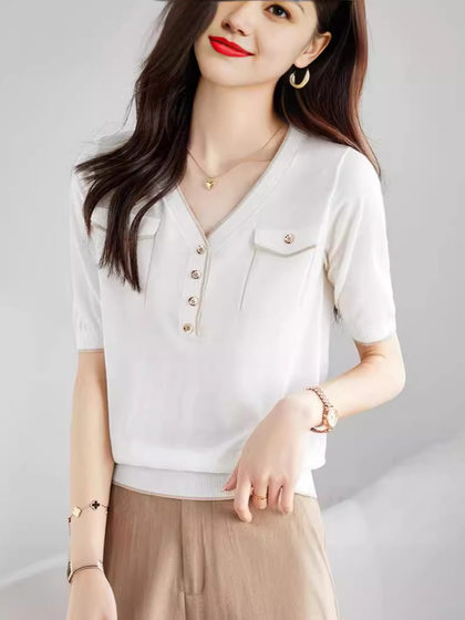 Small Fragrant Ice Silk Short-sleeved T-shirt for Women Summer Thin Tencel Knitwear Black V-neck T-shirt with Mulberry Silk Top