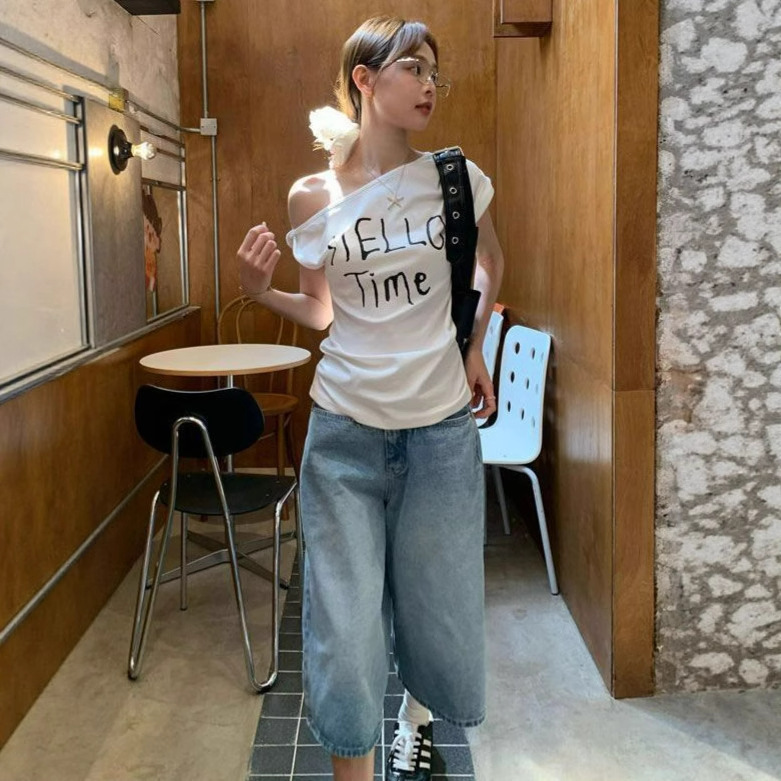 Light Blue Jeans for Women 2025 Summer Thin American Retro High-Waisted Loose Slimming Cropped Wide-Leg Pants Trendy